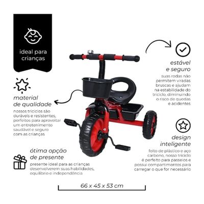 TRICICLO INFANTIL COM CESTA E BUZINA VERMELHO - SHINY TOYS
