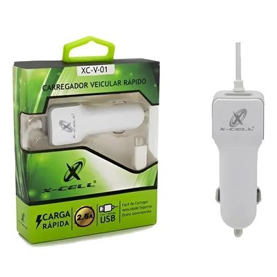CARREGADOR VEICULAR MICRO USB V8 TURBO 2.5A 5V BRANCO - XCELL
