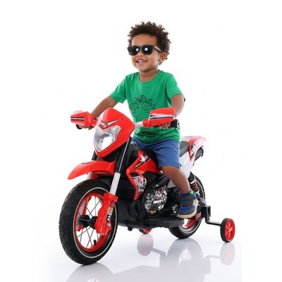 MOTO ELETRICA INFANTIL CROSS COM RODAS DE APOIO VERMELHAO - SHINY TOYS