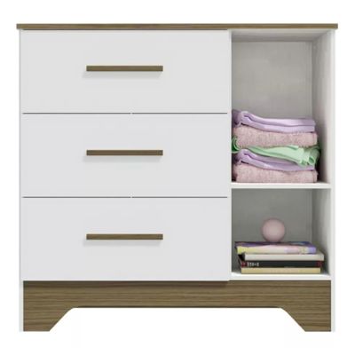 COMODA POPY RETRO LISO 1 PORTA 3 GAVETAS BRANCO BRILHO/CARVALHO