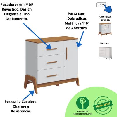 Cômoda e Roupeiro Guti 4 Portas 100% Branco/Amendoa - Móveis Peroba