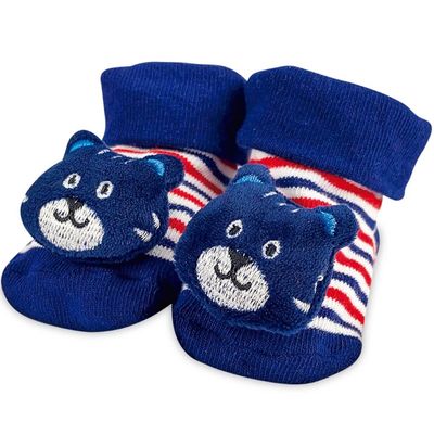 Meia Infantil Divertida Algodão Menino Antiderrapante 6 a 12 meses Bichinho Azul Tigre