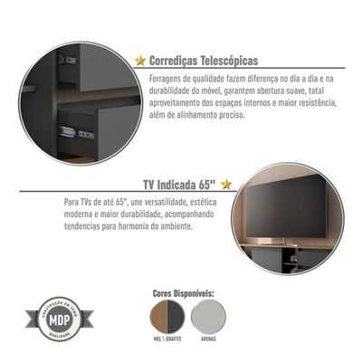 Rack para TV até 65 Polegadas 180cm com Nichos 2 gavetas Linea Mel/Grafite