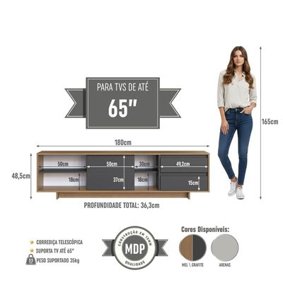 Rack para TV até 65 Polegadas 180cm com Nichos 2 gavetas Linea Mel/Grafite