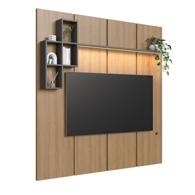 Painel para TV até 55 Polegadas 180cm com Nichos Decorativos e Iluminação em LED Nexus Mel/Grafite