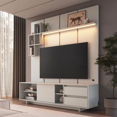 Rack Painel para Tv até 55 Polegadas 180cm com Nichos Gavetas Porta e Iluminação em LED Linea Arenas
