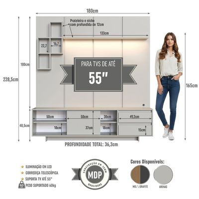 Rack Painel para Tv até 55 Polegadas 180cm com Nichos Gavetas Porta e Iluminação em LED Linea Arenas