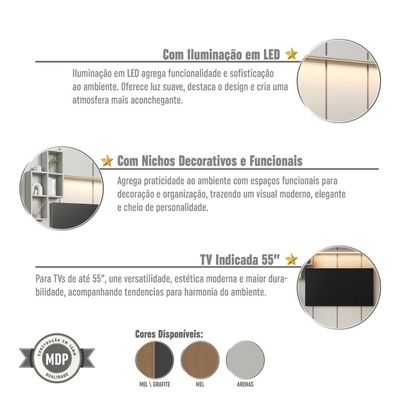 Painel para TV até 55 Polegadas 180cm com Nichos Decorativos e Iluminação em LED Nexus Arenas