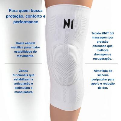 N1 Sport Joelheira Linha PRÓ Branca Tamanho G com Compressão