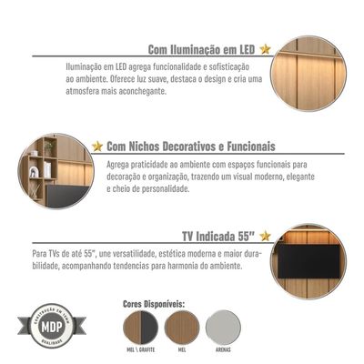 Painel para TV até 55 Polegadas 180cm com Nichos Decorativos e Iluminação em LED Nexus Mel