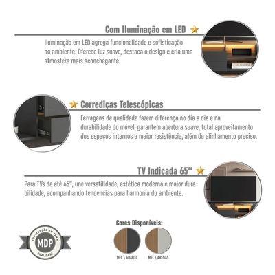 Rack para TV até 65 Polegadas 200cm com Nichos 2 gavetas e Iluminação em LED Monaco Mel/Grafite
