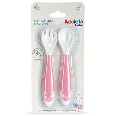 Kit Talheres Flexíveis Infantil 6m+ Colher e Garfo Bebê Treinamento Menina Rosa Adoleta Bebê Rosa