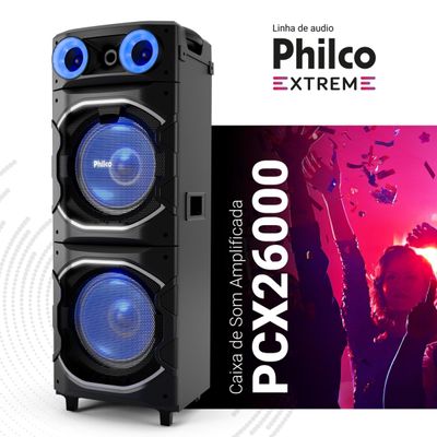 Torre de Som Philco PCX26000 2600W Bluetooth Woofer Duplo 12” Flash Light Preta