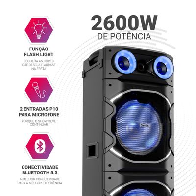 Torre de Som Philco PCX26000 2600W Bluetooth Woofer Duplo 12” Flash Light Preta