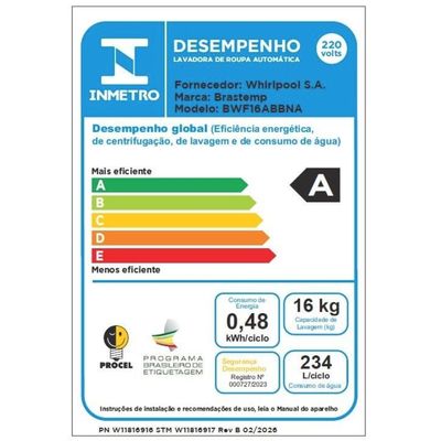 Máquina de Lavar Brastemp BWF16AB 16kg Ciclo Tira Manchas Advanced Smart Sensor Reuso de Água Branca Branco / 110