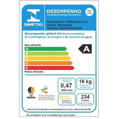 Máquina de Lavar Brastemp BWF16AB 16kg Ciclo Tira Manchas Advanced Smart Sensor Reuso de Água Branca Branco / 220