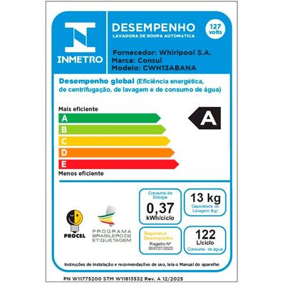 Máquina de Lavar 13 kg Dosagem Econômica Ciclo Edredom Branca CWH13AB Consul Branco / 220V
