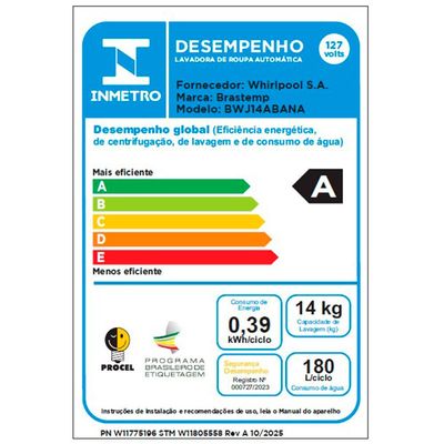 Máquina de Lavar BWJ14AB 14 kg Smart Sensor Reduzir Tempo Brastemp Branco / 110V