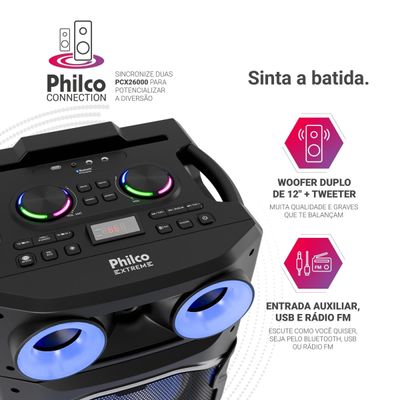 Torre de Som Philco PCX26000 2600W Bluetooth Woofer Duplo 12” Flash Light Preta