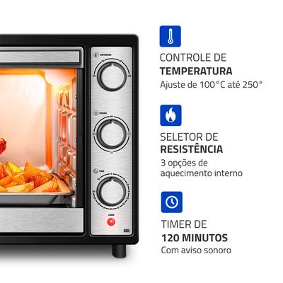 Forno Elétrico 60L Family Grill Inox Mondial Preto/Inox 1800W - FRN-60-BI 220V