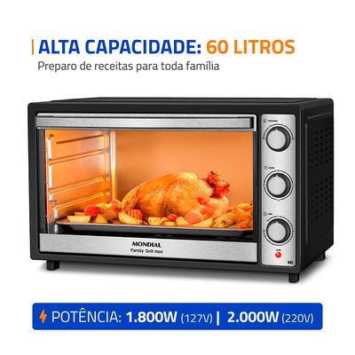 Forno Elétrico 60L Family Grill Inox Mondial Preto/Inox 1800W - FRN-60-BI 220V