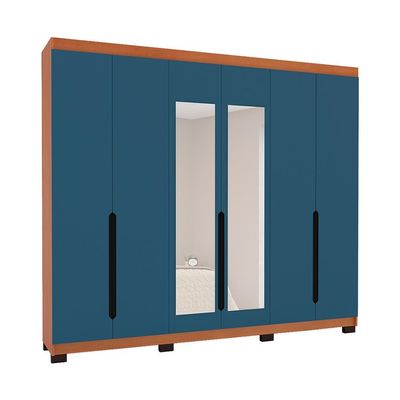 Guarda-Roupa Casal com Espelho Madrid 6 Portas 4 Gavetas Freijó e Azul