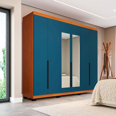 Guarda-Roupa Casal com Espelho Madrid 6 Portas 4 Gavetas Freijó e Azul