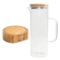 Conjunto Jarra de Vidro com Alça 1L e 6 Porta Copos Redondos com Suporte Bambu Natural Oikos