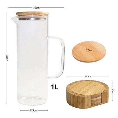 Conjunto Jarra de Vidro com Alça 1L e 6 Porta Copos Redondos com Suporte Bambu Natural Oikos