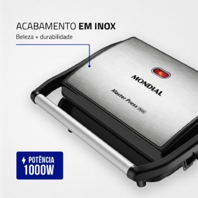 Grill Sanduicheira Elétrico Mondial Master PRESS Antiaderente 850W PG01 - INOX/PRETO - 220 V