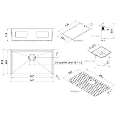 Cuba Docol Bistrô 70x40x20 cm Aço Inox Escovado Acessórios Lixeira Quadrada