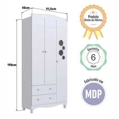 Guarda Roupas Infantil 3 Portas e 2 Gavetas 91x40x198 cm Branco Completa Móveis