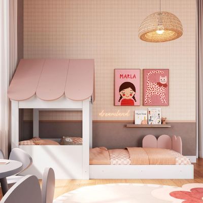 Cama Infantil Montessoriana Casinha Branca e Rosa Completa Móveis