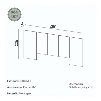 Cabeceira Queen em MDF 280 x 118 cm Lisa Off White Dalla Costa