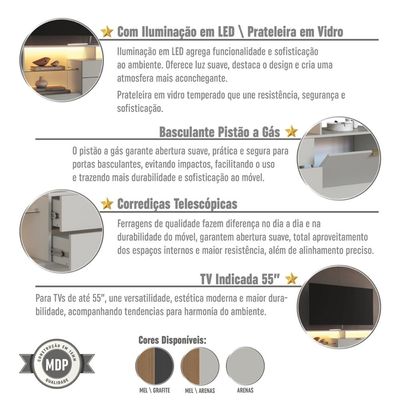 Rack para TV até 55 Polegadas 200cm com Nichos 2 Gavetas Pra