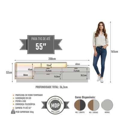 Rack para TV até 55 Polegadas 200cm com Nichos 2 Gavetas Pra