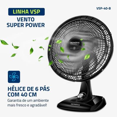 Ventilador de Mesa 40cm Mondial Super Power VSP-40-B 6 Pás 3 Velocidades - Preto Preto / 110