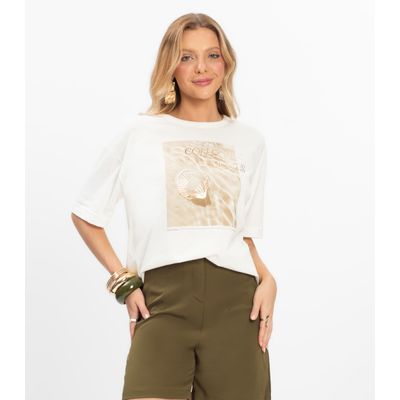 T- shirt Overzised Meia Malha Feminina Rovitex Bege G / Bege