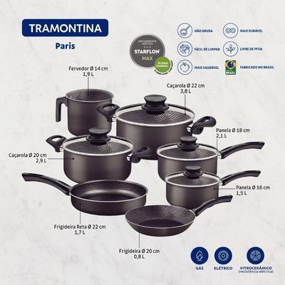 Jogo de Panelas Tramontina Paris Alumínio Antiaderente Starflon Cinza 7 Peças