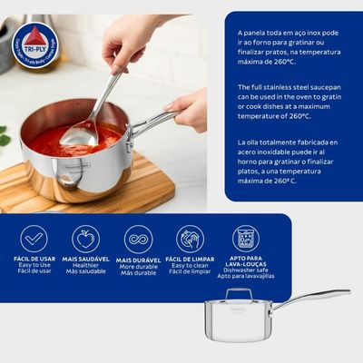 Panela Tramontina Grano em Aço Inox 16 cm 1,7L Fundo Triplo Compatível com Indução