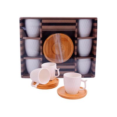 Conjunto de Xícara em Porcelana Wincy com Pires em Bambu Austria 100ml Branca 12 Peças UNICA