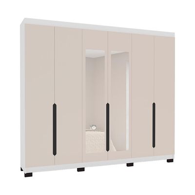 Guarda-Roupa Casal com Espelho Madrid 6 Portas 4 Gavetas Branco e Creme