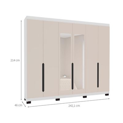 Guarda-Roupa Casal com Espelho Madrid 6 Portas 4 Gavetas Branco e Creme