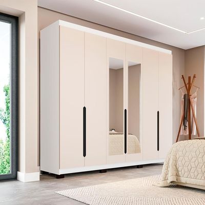 Guarda-Roupa Casal com Espelho Madrid 6 Portas 4 Gavetas Branco e Creme