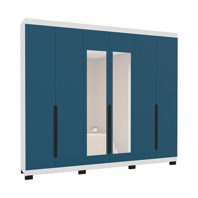Guarda-Roupa Casal com Espelho Madrid 6 Portas 4 Gavetas Branco e Azul