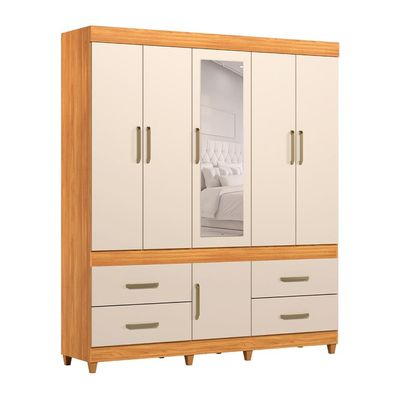 Guarda-Roupa Casal com Espelho Guarujá 6 Portas 4 Gavetas Cinnamon e Off White