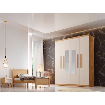 Guarda-Roupa Solteiro com Espelho Malibu 100% MDF 4 Portas 2 Gavetas Imbuia e Off White