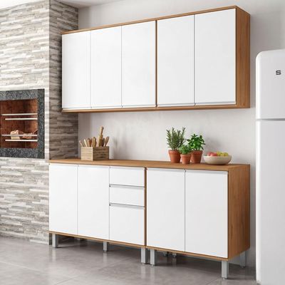 Cozinha Completa Modulada 4 Peças 10 Portas 2 Gavetas Nina Amêndo/Branco