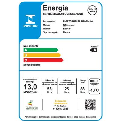 Mini Geladeira Frost Free 83L Inverter Bivolt Duplex Branca (EMD1W) Bivolt