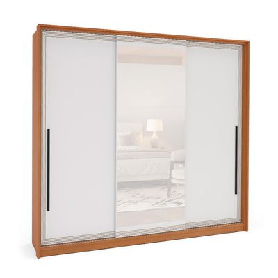 Guarda-Roupa Casal com Espelho Valência 3 Portas 4 Gavetas Freijó e Branco
